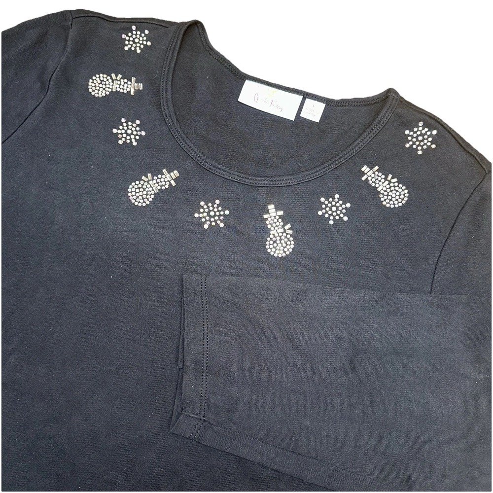 Quaker Factory Black Rhinestone Bling Christmas Snowman Winter Top Women's Large